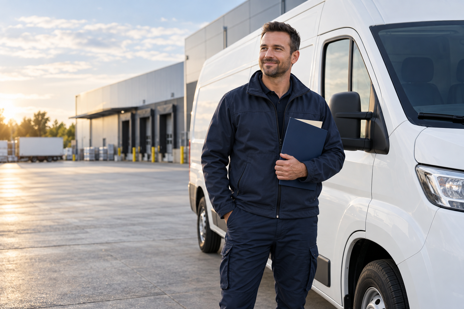 Illustrative photo of a transport business owner holding a file beside a delivery van